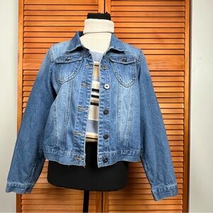 Classic Mid Blue Women's Denim Jacket with Button Front
